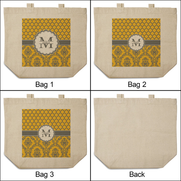 Damask & Moroccan 3 Reusable Cotton Grocery Bags - Front & Back View