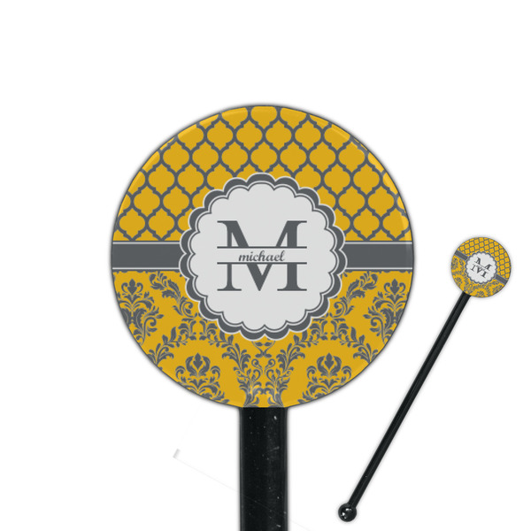 Custom Damask & Moroccan 5.5" Round Plastic Stir Sticks - Black - Single Sided (Personalized)