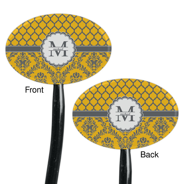 Damask & Moroccan Black Plastic 7" Stir Stick - Double Sided - Oval - Front & Back