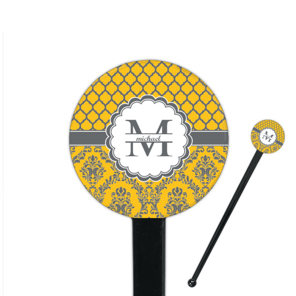 Custom Damask & Moroccan 7" Round Plastic Stir Sticks - Black - Double Sided (Personalized)
