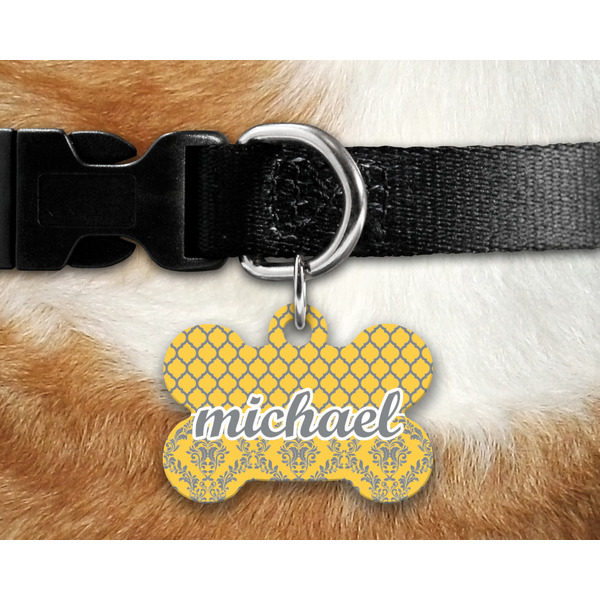 Damask & Moroccan Bone Shaped Dog Tag on Collar & Dog
