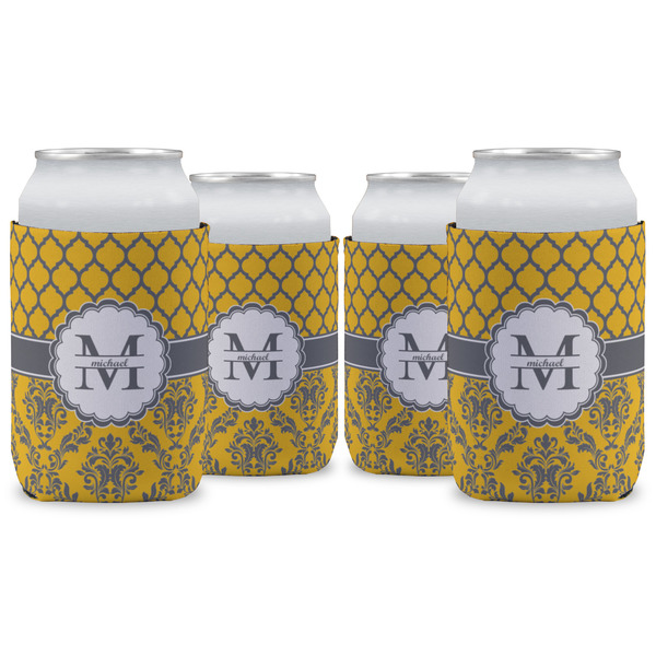Custom Damask & Moroccan Can Cooler (12 oz) - Set of 4 w/ Name and Initial