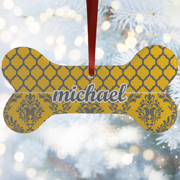 Custom Damask & Moroccan Ceramic Dog Ornament w/ Name and Initial