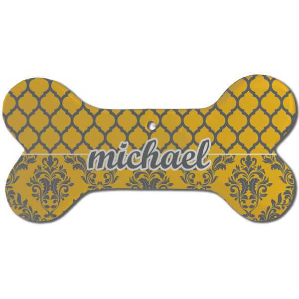 Custom Damask & Moroccan Ceramic Dog Ornament - Front w/ Name and Initial