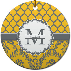 Damask & Moroccan Round Ceramic Ornament w/ Name and Initial