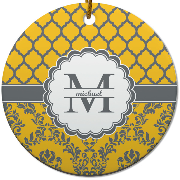 Custom Damask & Moroccan Round Ceramic Ornament w/ Name and Initial