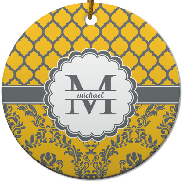 Custom Damask & Moroccan Round Ceramic Ornament w/ Name and Initial