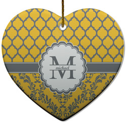 Damask & Moroccan Heart Ceramic Ornament w/ Name and Initial