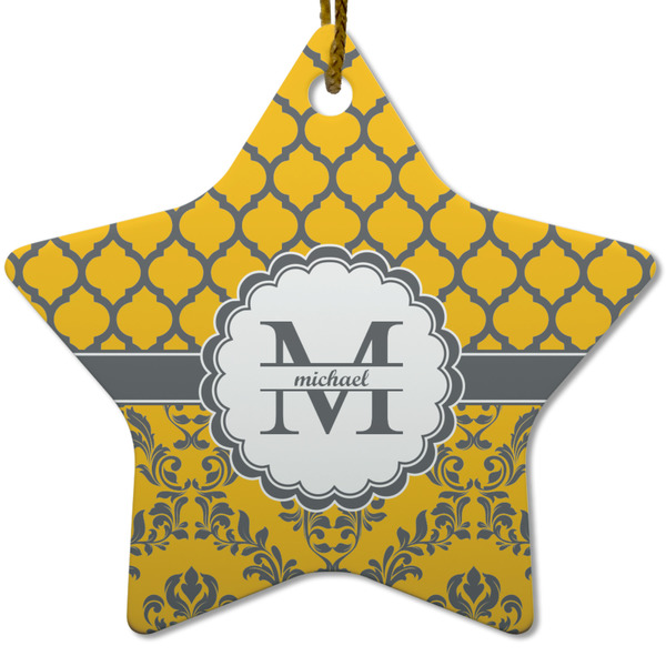 Custom Damask & Moroccan Star Ceramic Ornament w/ Name and Initial