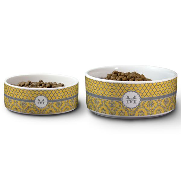 Damask & Moroccan Ceramic Dog Bowls - Size Comparison