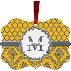 Damask & Moroccan Metal Frame Ornament - Double Sided w/ Name and Initial