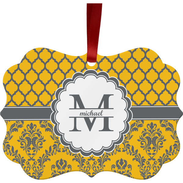 Custom Damask & Moroccan Metal Frame Ornament - Double Sided w/ Name and Initial
