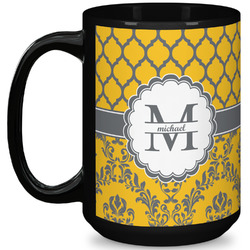Damask & Moroccan 15 Oz Coffee Mug - Black (Personalized)