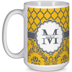 Damask & Moroccan 15 Oz Coffee Mug - White (Personalized)