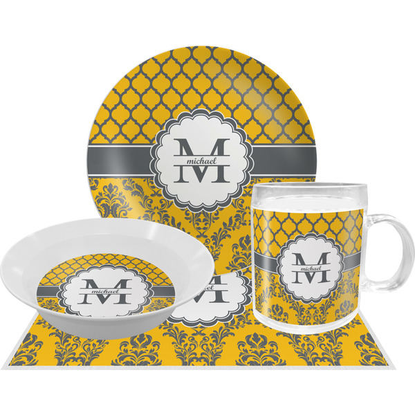 Custom Damask & Moroccan Dinner Set - Single 4 Pc Setting w/ Name and Initial