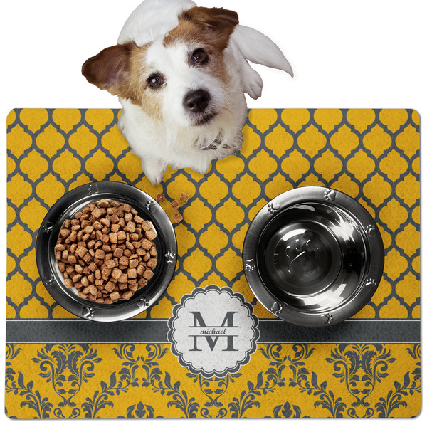 Custom Damask & Moroccan Dog Food Mat - Medium w/ Name and Initial