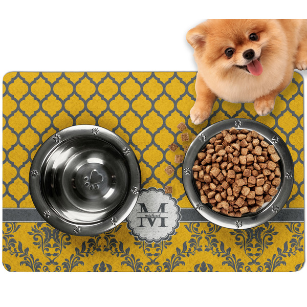 Custom Damask & Moroccan Dog Food Mat - Small w/ Name and Initial