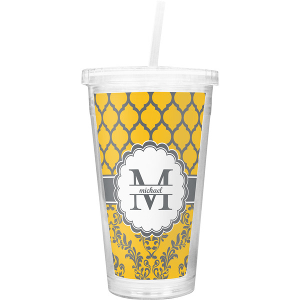 Custom Damask & Moroccan Double Wall Tumbler with Straw (Personalized)
