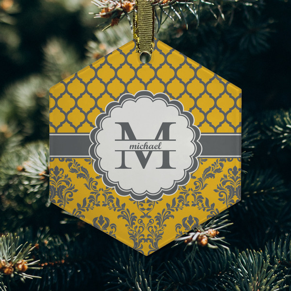 Damask & Moroccan Frosted Glass Ornament - Hexagon (Lifestyle)
