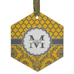 Damask & Moroccan Flat Glass Ornament - Hexagon w/ Name and Initial