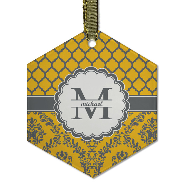 Custom Damask & Moroccan Flat Glass Ornament - Hexagon w/ Name and Initial