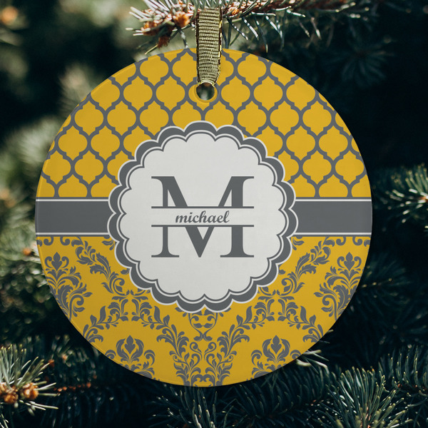 Damask & Moroccan Frosted Glass Ornament - Round (Lifestyle)