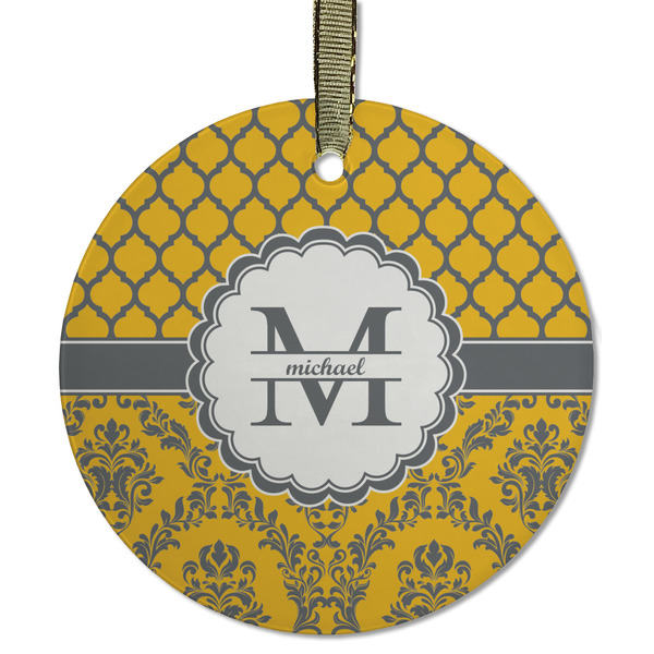Custom Damask & Moroccan Flat Glass Ornament - Round w/ Name and Initial