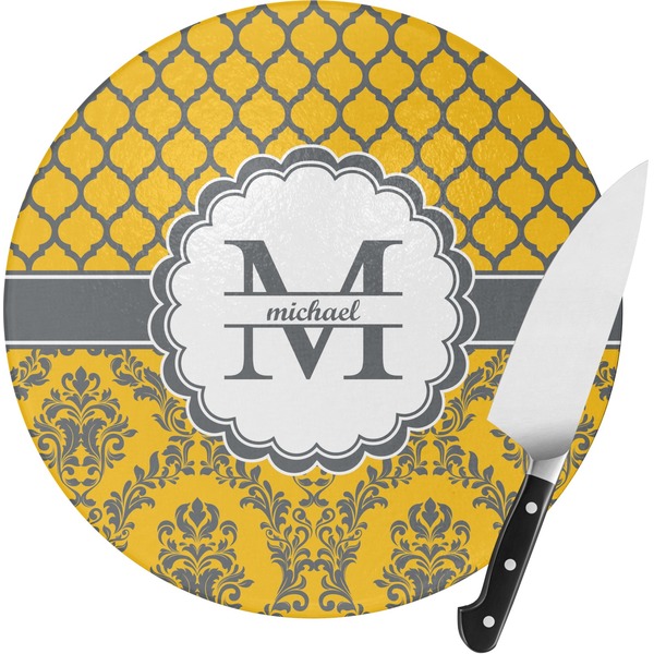 Custom Damask & Moroccan Round Glass Cutting Board - Medium (Personalized)