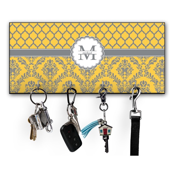 Custom Damask & Moroccan Key Hanger w/ 4 Hooks w/ Name and Initial