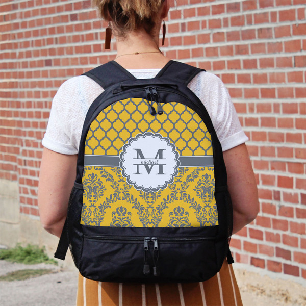 Damask & Moroccan Large Backpack - Black - On Back