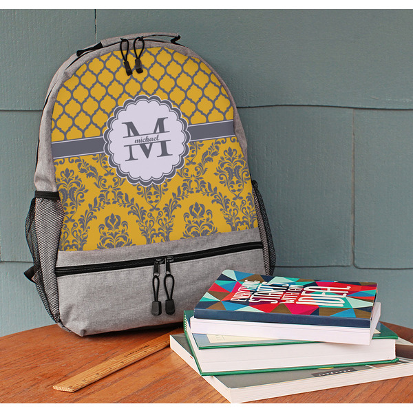 Damask & Moroccan Large Backpack - Gray - On Desk