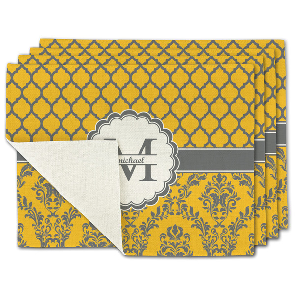 Custom Damask & Moroccan Single-Sided Linen Placemat - Set of 4 w/ Name and Initial