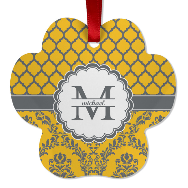 Custom Damask & Moroccan Metal Paw Ornament - Double Sided w/ Name and Initial