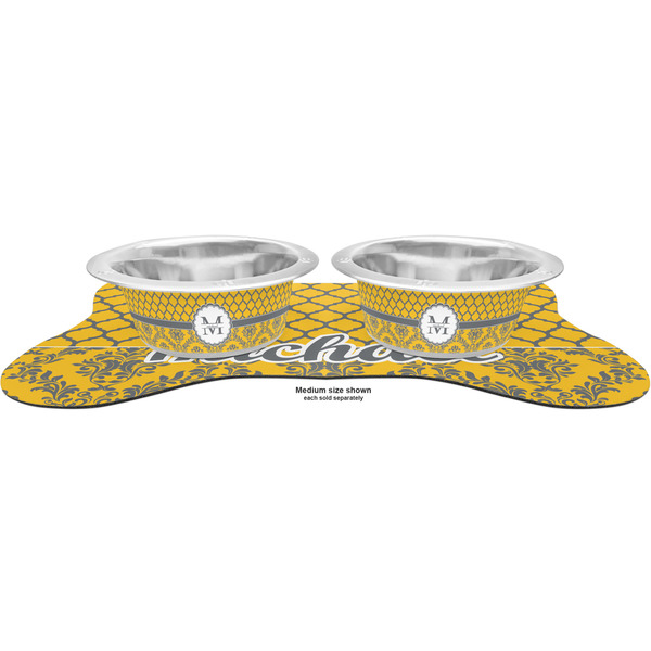 Damask & Moroccan Metal Pet Bowls - On Dog Bone Shaped Mat