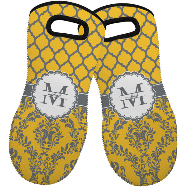 Custom Damask & Moroccan Neoprene Oven Mitts - Set of 2 w/ Name and Initial