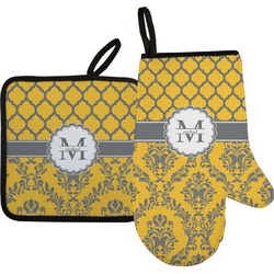 Damask & Moroccan Right Oven Mitt & Pot Holder Set w/ Name and Initial