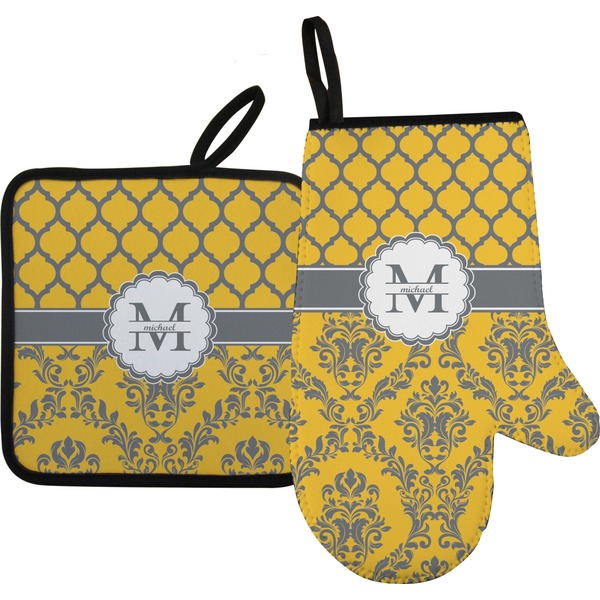 Custom Damask & Moroccan Right Oven Mitt & Pot Holder Set w/ Name and Initial