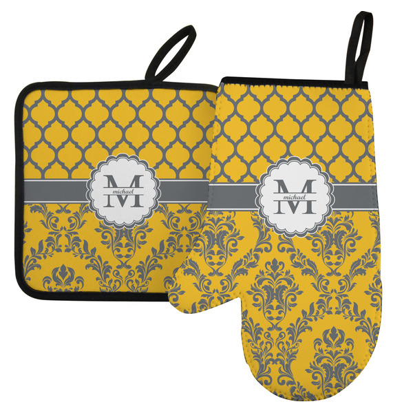 Custom Damask & Moroccan Left Oven Mitt & Pot Holder Set w/ Name and Initial