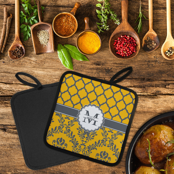 Damask & Moroccan Neoprene Pot Holder - Set of 2  LIFESTYLE (Flatlay)