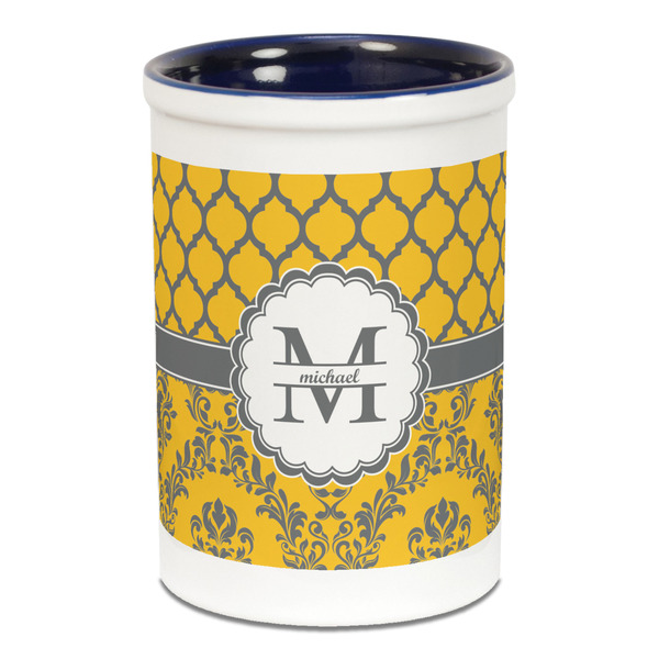 Custom Damask & Moroccan Ceramic Pencil Holders - Blue