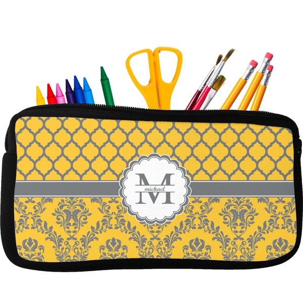 Custom Damask & Moroccan Neoprene Pencil Case - Small w/ Name and Initial