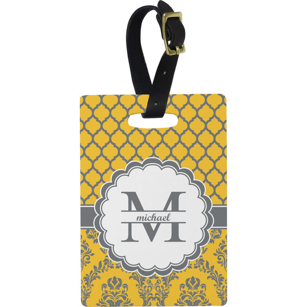 Custom Damask & Moroccan Plastic Luggage Tag - Rectangular w/ Name and Initial