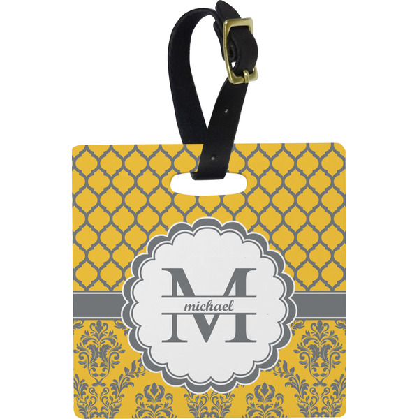 Custom Damask & Moroccan Plastic Luggage Tag - Square w/ Name and Initial