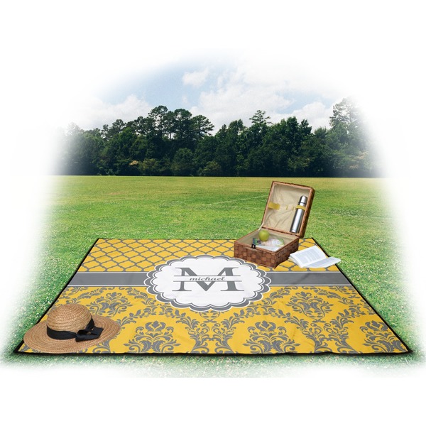 Damask & Moroccan Picnic Blanket - with Basket Hat and Book - in Use
