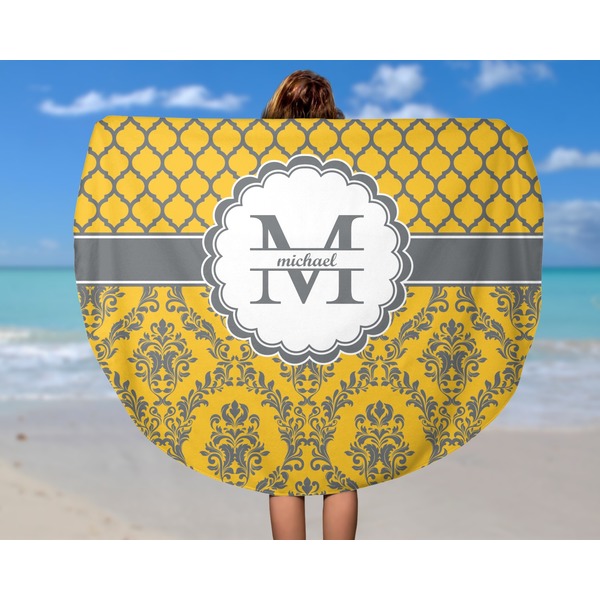 Damask & Moroccan Round Beach Towel - In Use