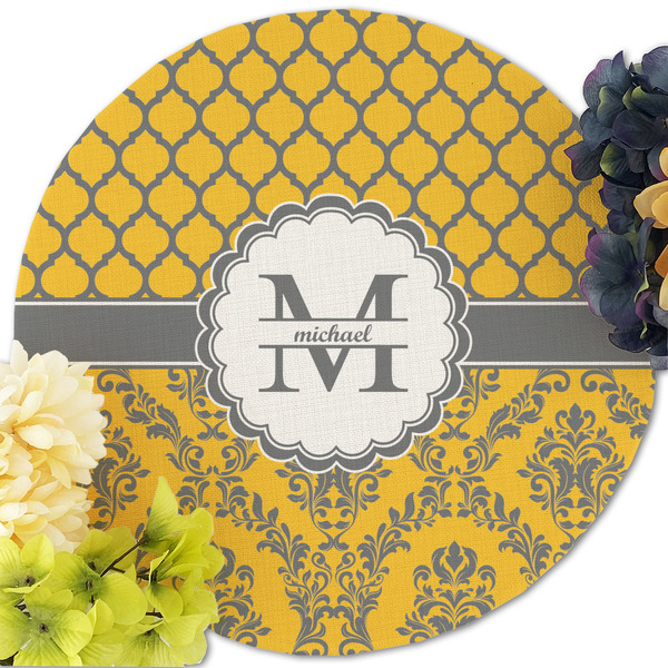 Damask & Moroccan Round Linen Placemats - Front (w flowers)