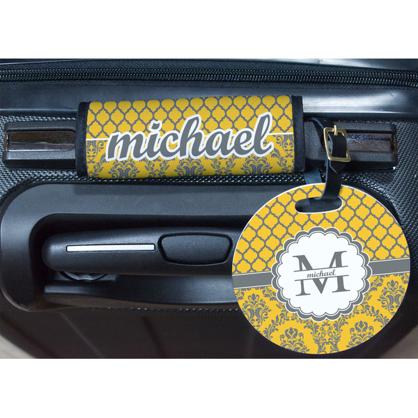 Damask & Moroccan Round Luggage Tag & Handle Wrap - In Context