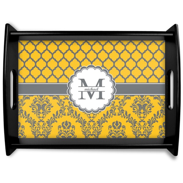 Custom Damask & Moroccan Black Wooden Tray - Large (Personalized)