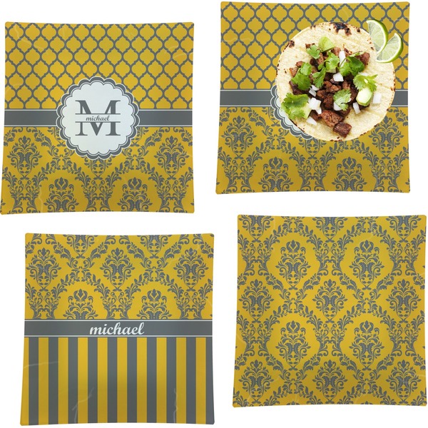 Custom Damask & Moroccan Set of 4 Glass Square Lunch / Dinner Plate 9.5" (Personalized)