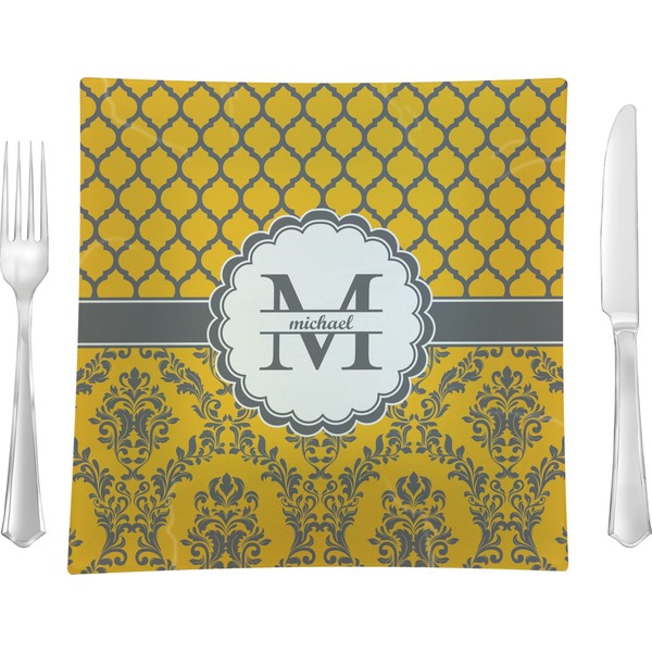 Custom Damask & Moroccan Glass Square Lunch / Dinner Plate 9.5" (Personalized)